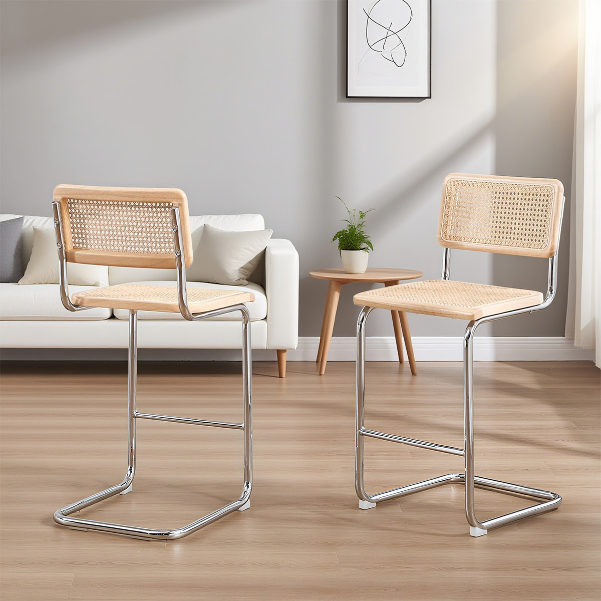 เก้าอี้เคาน์เตอร์คานเท้าแขน Rattan Cantilever สมัยกลางศตวรรษ-อ้อยด้านหลังและที่นั่งพร้อมกรอบโลหะโครเมี่ยม