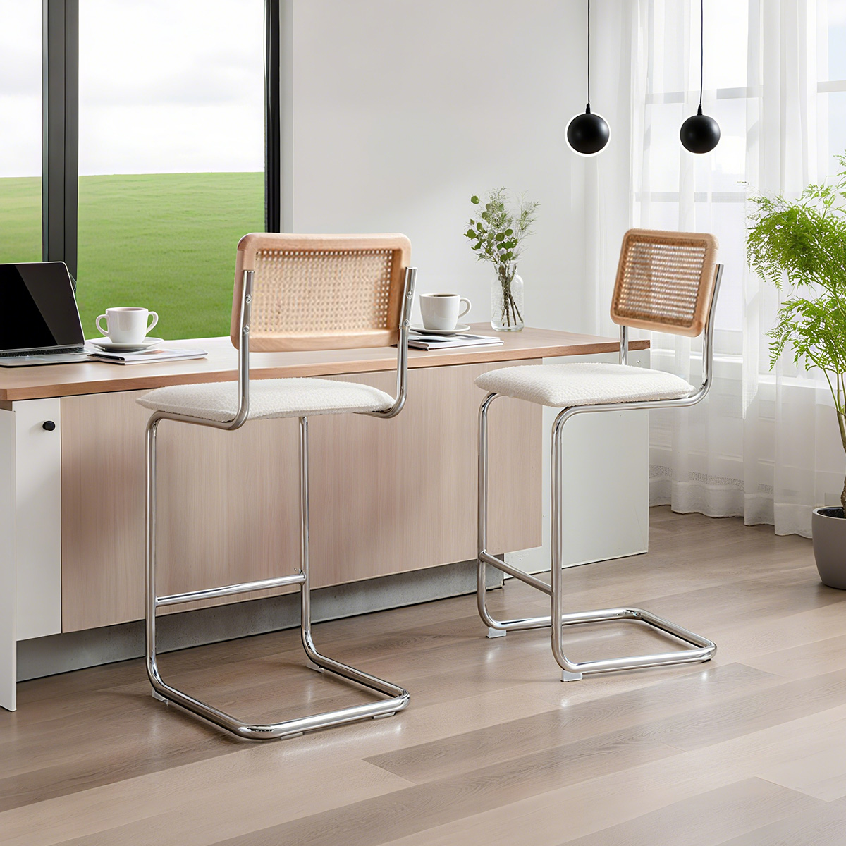Rattan Back Boucle Bar Stool พร้อมฐาน CHROME Cantilever-เก้าอี้สูงเคาน์เตอร์สมัยใหม่กลางศตวรรษ