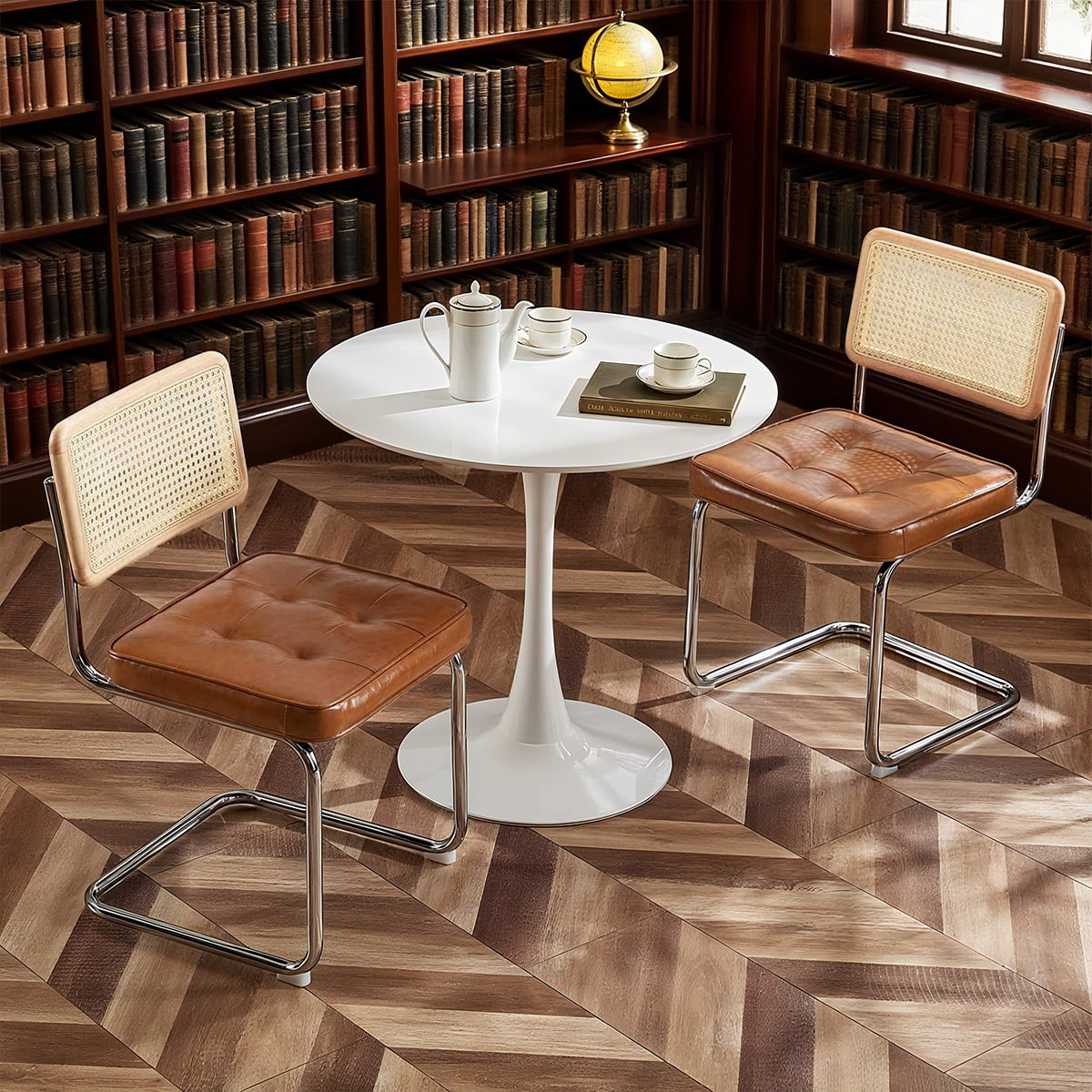 Mid-Century Modern Armless Cantilever Dining Chair – Caramel Brown Faux Leather Upholstered Seat with Natural Rattan Back