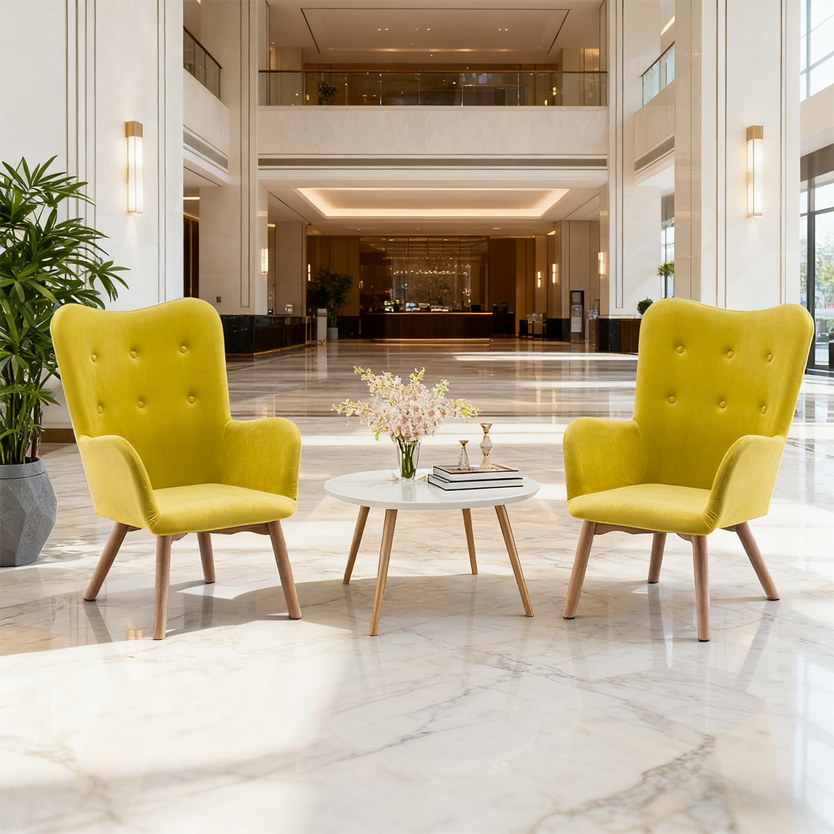 เก้าอี้นวมกำมะหยี่สีเหลืองทันสมัย ​​- เก้าอี้พักผ่อนแบบมีปีกหลังพร้อมขาไม้และที่วางแขนสำหรับห้องนั่งเล่นห้องนอนหรือสำนักงาน